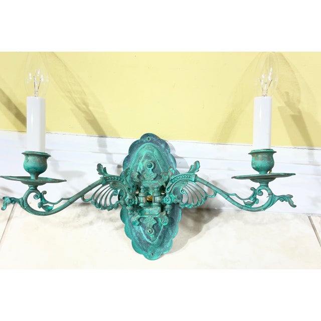 Pair of Antique French Style Verdigris Wall Sconces For Sale - Image 15 of 16