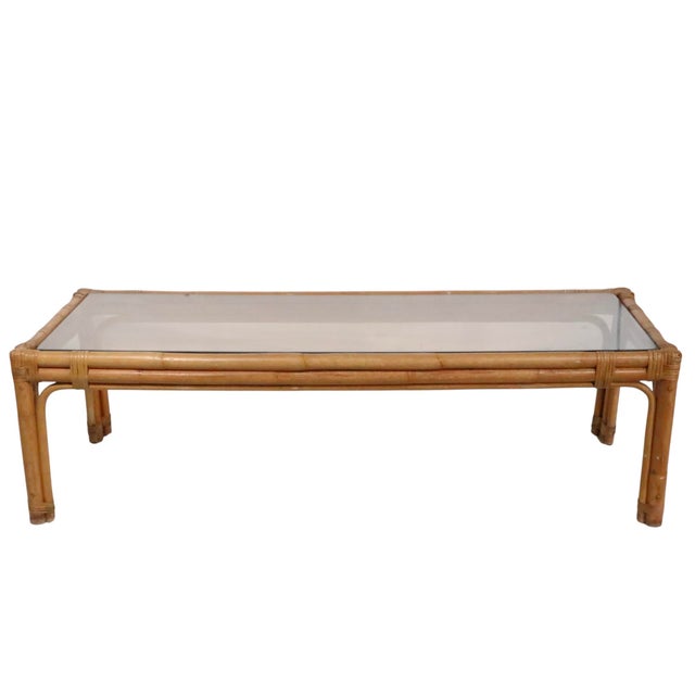 Light Yellow Mid Century Glass Top Bamboo Coffee Table For Sale - Image 8 of 14