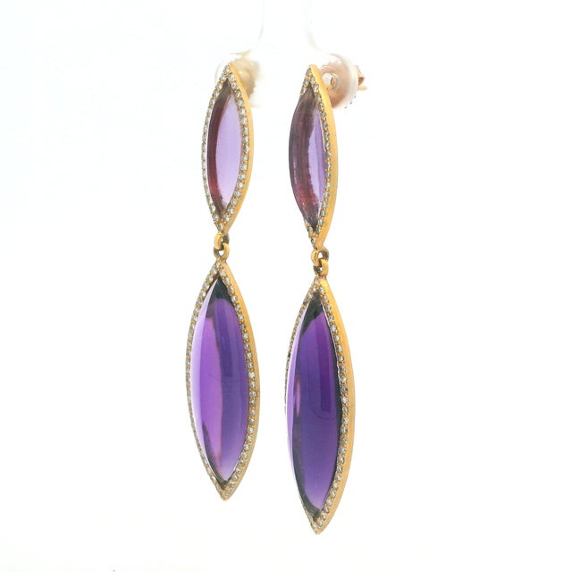 2020s Italian 14k Gold Sugarloaf Amethyst & Diamond Drop Earrings, Pair For Sale - Image 5 of 7