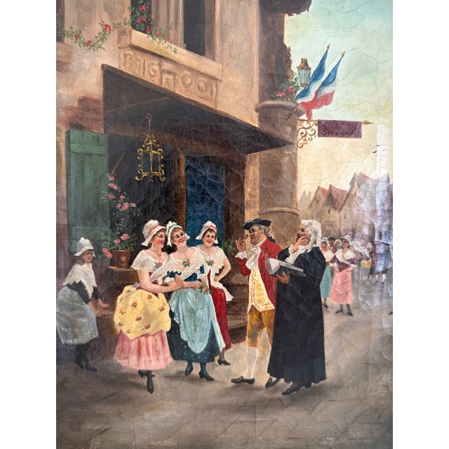 Original antique 19th century oil on canvas depicting a lively French street scene with figures gathered outside a village...
