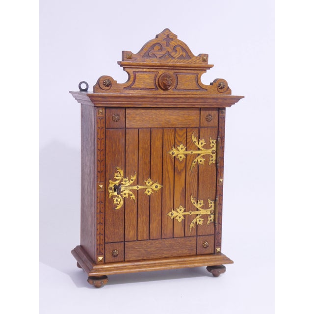Antique Gothic Wooden Wall Cabinet with Ornate Brass Hinges and Lion Head, 1940s For Sale - Image 3 of 11