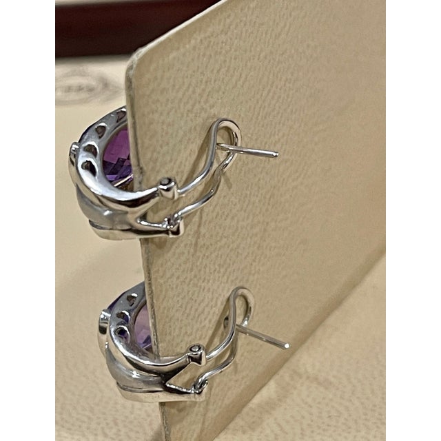 6 Carat Amethyst and Diamond 14 Karat White Gold Earrings, Omega Back For Sale - Image 4 of 18