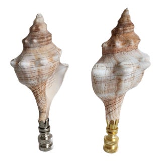 Pair of White Spindle Sea Shell Lamp Finials, Set of 2, Chrome Base For Sale