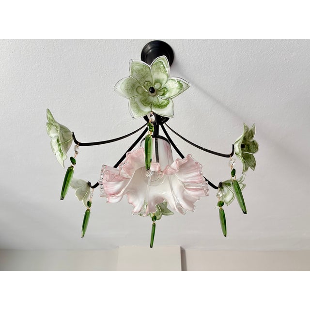 Glass Vintage Murano Style Chandelier – Rare Pink & Green Art Glass For Sale - Image 7 of 13