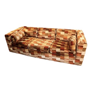 1970s Attributed to Jack Lenor Larson for Milo Baughman MCM Sofa - Orange Rust Cotton Velvet Patchwork For Sale