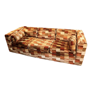 1970s Attributed to Jack Lenor Larson for Milo Baughman MCM Sofa - Orange Rust Cotton Velvet Patchwork