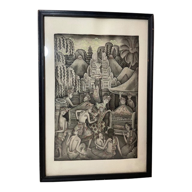 Vintage Original Balinese Ubud Indonesian Figural Landscape Watercolor Painting For Sale