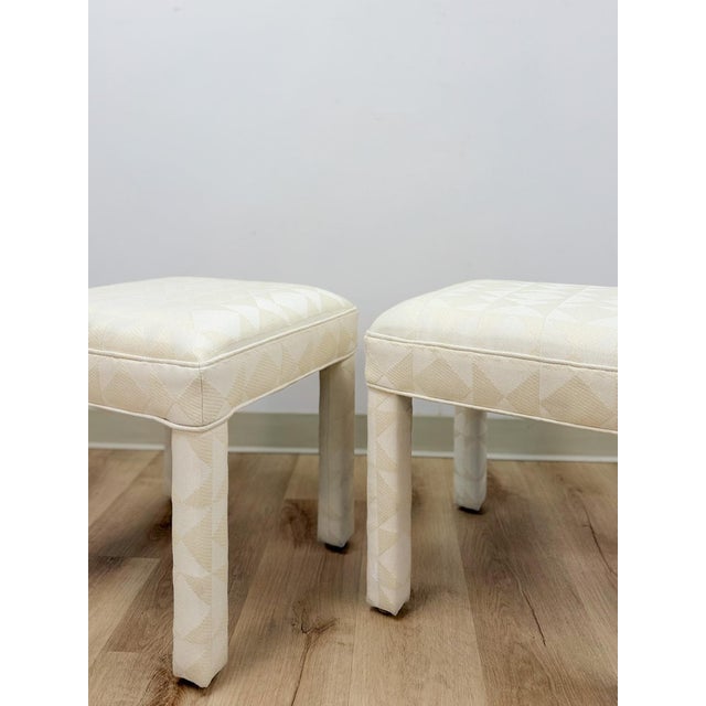 Beige Milo Baughman Style White Parsons Upholstered Stool Pair Vintage MCM Cube For Sale - Image 8 of 11