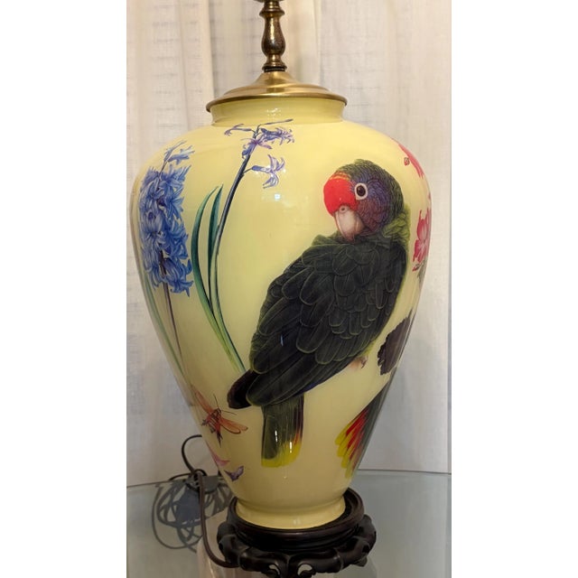 1960s Glass Decoupage Parrot and Flower Lamps and Lamp Work Finials - a Pair For Sale - Image 4 of 5