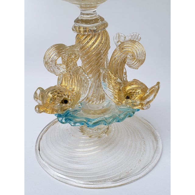 Early 20th Century Murano Glass 3 Dolphin Tazza Compote Rigadin Gold Polveri Attr Salviati For Sale - Image 5 of 16