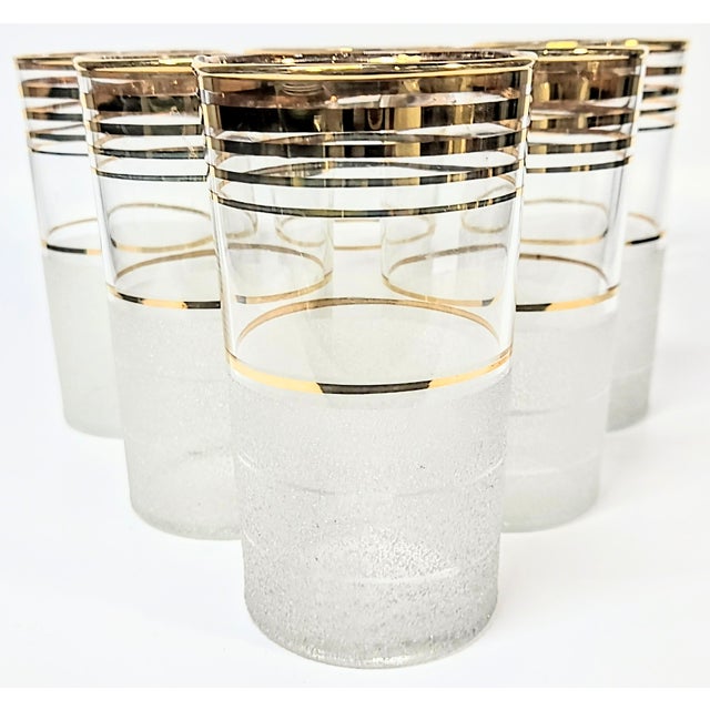 These late 1940s to 60s Hollywood regency tumblers are pure glam. The upper end lower sections are a thick, pebbled frost...