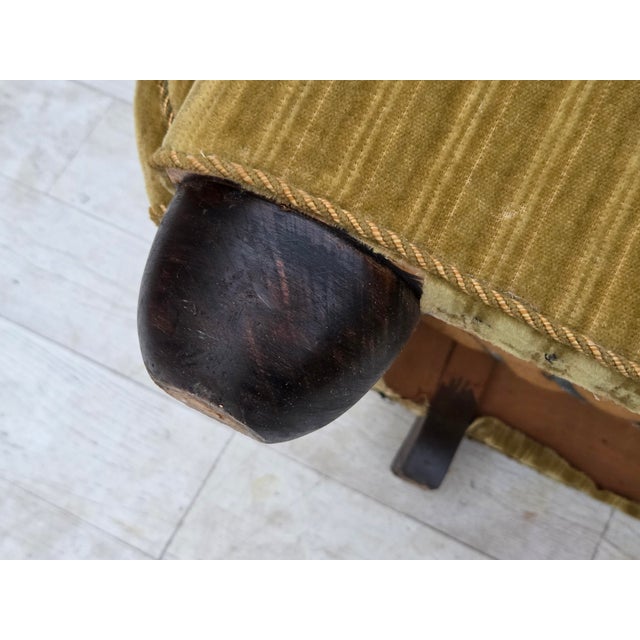 1960s, Danish relax armchair. Green furniture velour, oak wood, brass springs in the seat. Good condition: no smells, no...