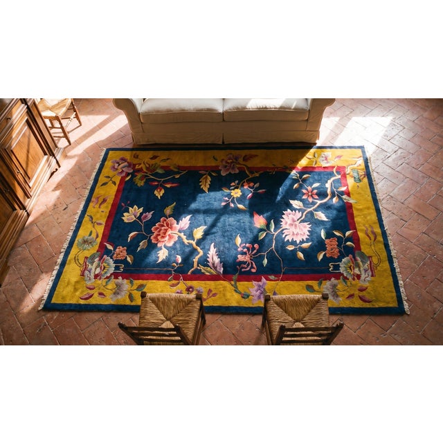 Lovely Navy Blue Background and Yellow Gold Border Color With Floral Design Antique Chinese Art Deco Rug For Sale - Image 15 of 15