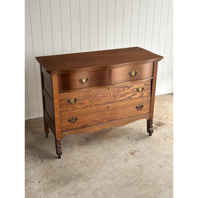 Antique Oak Serpentine Chest With Original Casters and Brass Hardware For Sale - Image 17 of 17