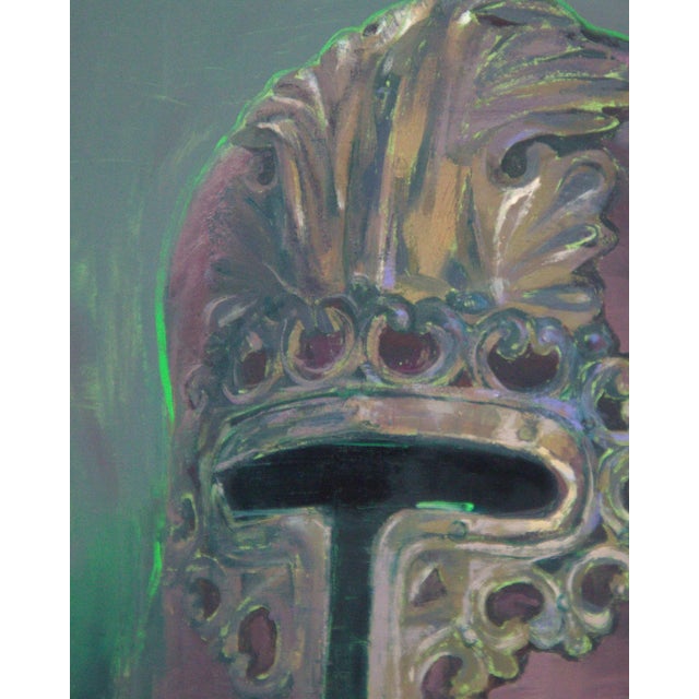 This oil on panel work presents a striking depiction of an intricately designed helmet, showcasing ornate details that...