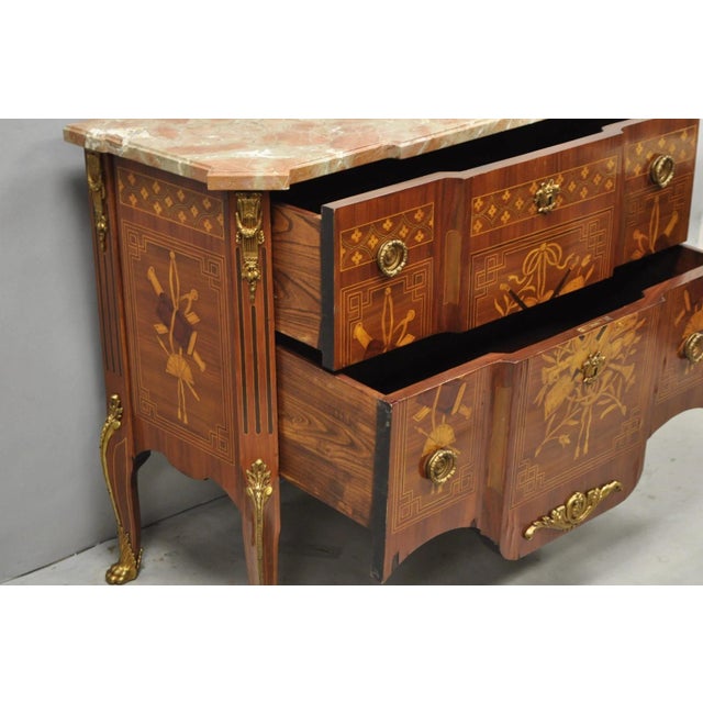 Vintage French Louis XV Style Marquetry Inlay Marble Top Commode Dresser Chest For Sale - Image 11 of 18