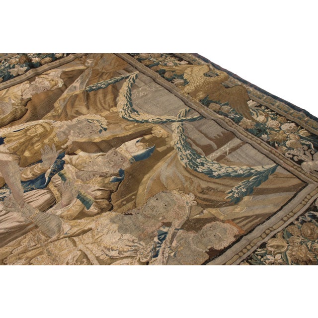 17th Century Handmade Antique Pictorial Tapestry in Beige-Brown and Blue Heraldic Design For Sale - Image 5 of 7