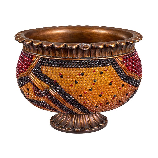 Hollywood Regency Vintage Jeweled Mosaic Pedestal Bowl and 3 Candleholders Gold Amber For Sale - Image 3 of 13