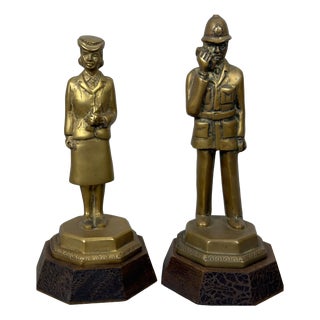 Bronze Statues of a Traffic Policeman and Policewoman on a Wooden Base, 20th Century, Set of 2 For Sale