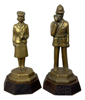 Bronze Statues of a Traffic Policeman and Policewoman on a Wooden Base, 20th Century, Set of 2
