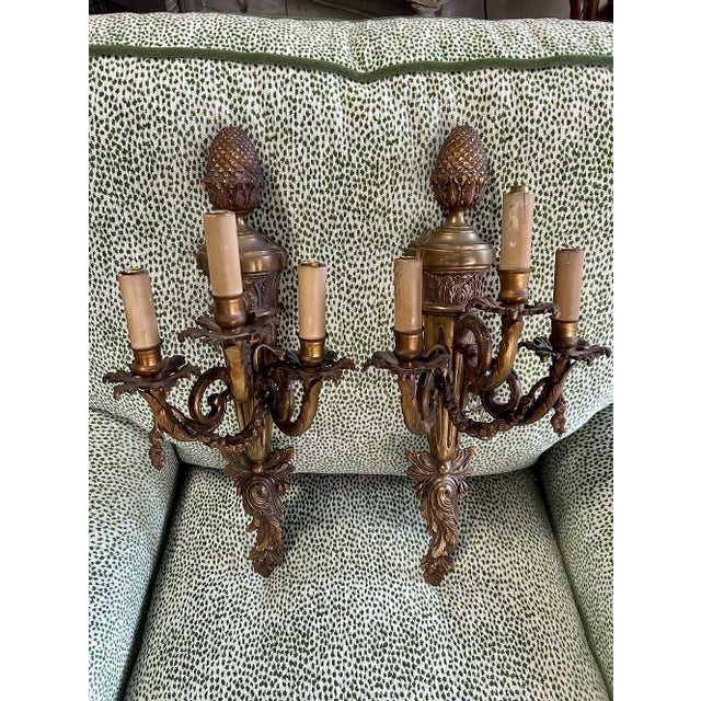 Mid 20th Century Pair French Gilt Metal Wall Sconces For Sale - Image 5 of 5