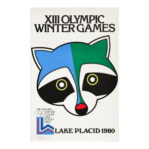 1980 Original Vintage Lake Placid Winter Olympics Poster, Raccoon Mascot