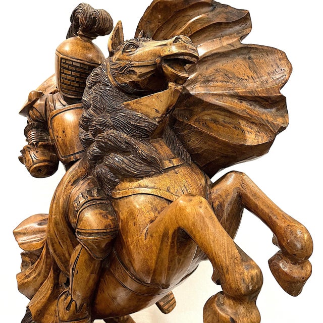 Antique Monumental Knight on Steed Hand-Carved Wood Statue For Sale - Image 4 of 13