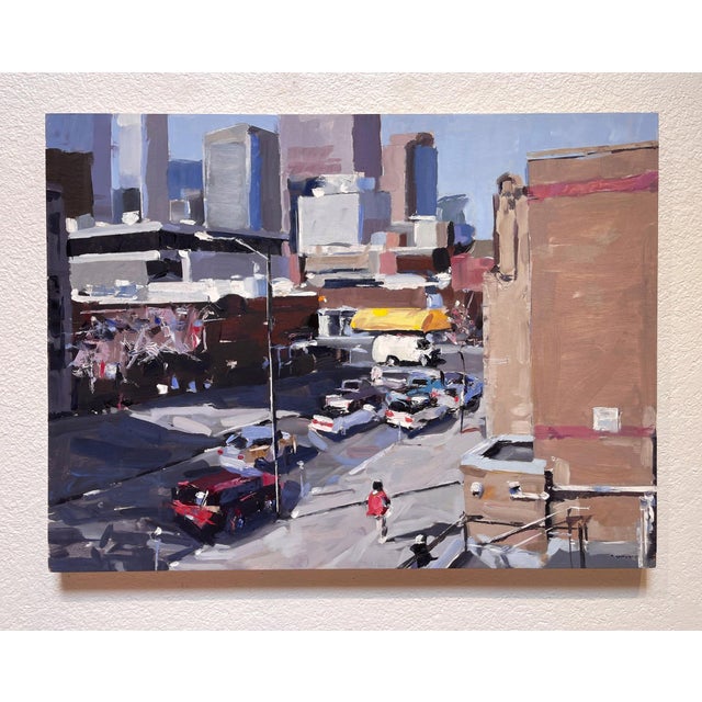 This oil painting captures a vibrant urban scene, where the interplay of light and shadow brings the city to life. A...