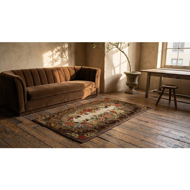 1890s Brown Roses Folk Art Antique American Hooked Rug 1'8" X 3'4" Knotted Wool Carpet For Sale - Image 12 of 13