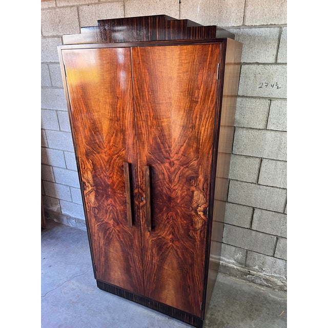 Art Deco Exceptional Art Deco Petite Armoire in Bookmatched Flamed Walnut & Macassar Detailing For Sale - Image 3 of 15