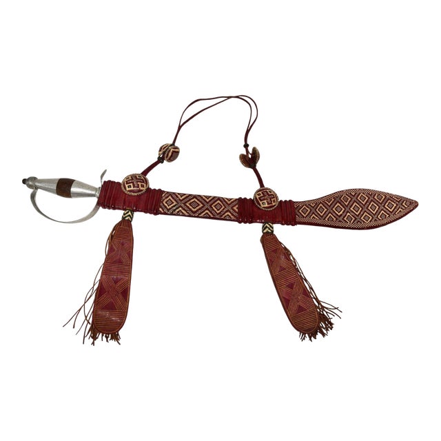 Mandinka Ceremonial Sword With Decorated Red Leather Scabbard West Africa 1950 For Sale