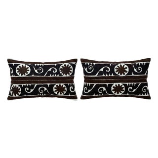 Embroidered Suzani Lumbar Pillow Cover 15'' X 24'' - Set of Two For Sale