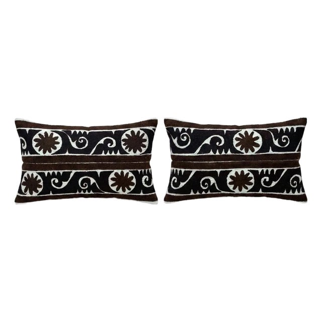 Embroidered Suzani Lumbar Pillow Cover 15'' X 24'' - Set of Two For Sale