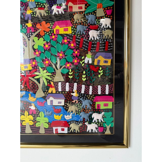 Blue Large Vintage Mexican Arpillería Folk Art Textile Wall Hanging – Framed Under Plexiglass For Sale - Image 8 of 12