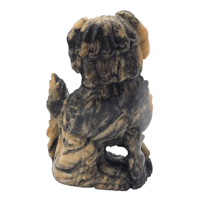 Ivory Pair of Hand-Carved Chinese Soapstone Foo Dog Guardian Lion Statues For Sale - Image 8 of 13