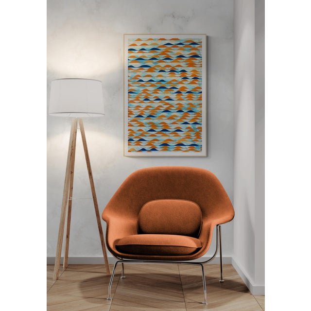 Wake up your walls with this painting by Sarah Vaaler, featuring rows of waves in tones of orange, cream and navy blue on...