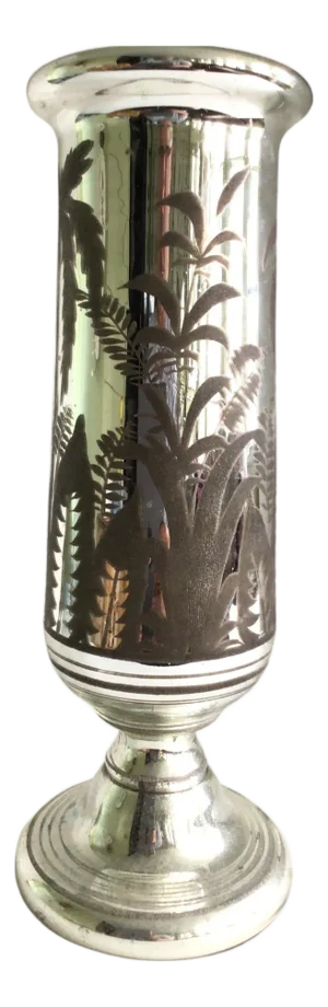 1920s Mercury Glass Vase With Etched Decal Design