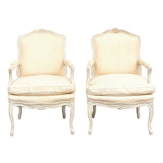 Early 20th Century Louis XV Style Painted Bergère Armchairs With Down Cushions – Pair For Sale