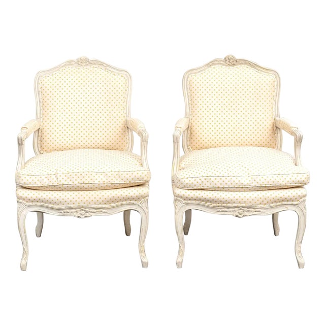 Early 20th Century Louis XV Style Painted Bergère Armchairs With Down Cushions – Pair For Sale