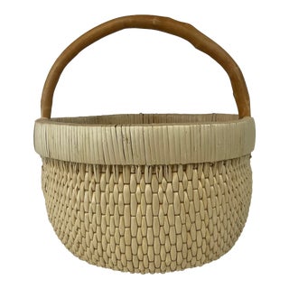 Vintage French Country Bleached Rattan Gathering Basket For Sale