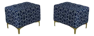 Blue Ottomans, Blue & Cream Geometric Ottomans on Metal Legs - a Pair