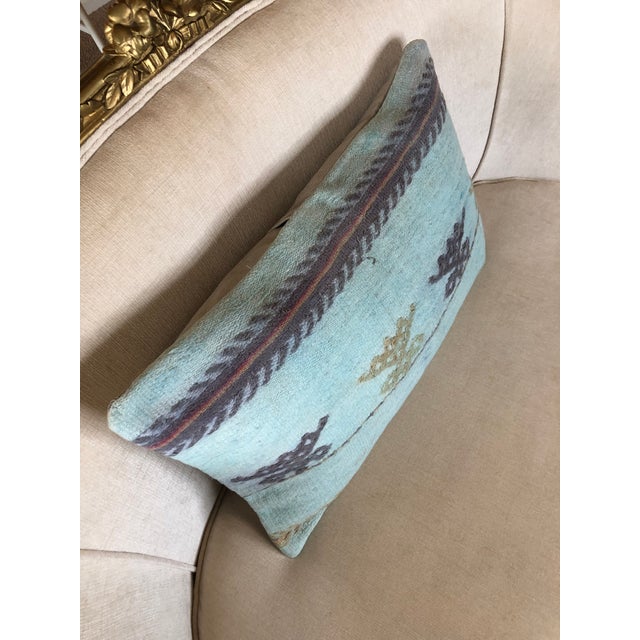 Turquoise & Grey Kilim Woven Decorative Bolster Pillow For Sale - Image 4 of 5