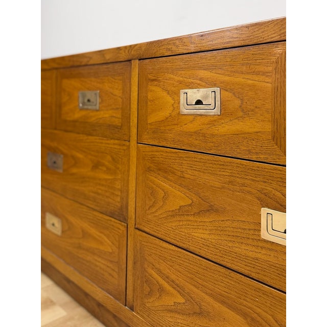 Vintage MCM Dixie Act 2 Campaign Style Dresser Brass Pulls Warm Wood Tone Lowboy For Sale In Tampa - Image 6 of 14