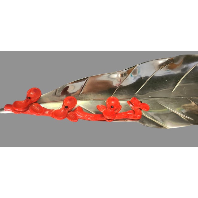 Metal Late 20th Century Metal Leaf Shaped Enamel Red Flowers Decorative Centerpiece Tray For Sale - Image 7 of 10