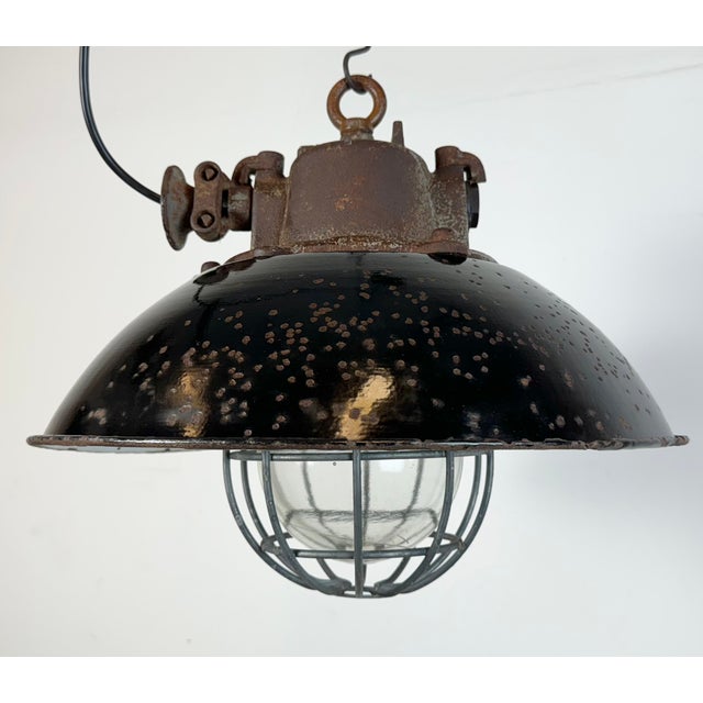 Industrial Black Enamel and Cast Iron Cage Pendant Light from Elektrosvit, 1960s For Sale - Image 9 of 18