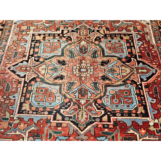 Vintage Persian Heriz Serapi Rug, Hand-Knotted Wool, Geometric Medallion Pattern, Brick-Red & Blue, 9x12 For Sale - Image 9 of 15