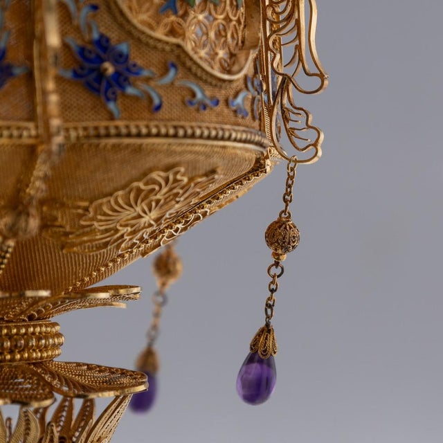 20th Century Chinese Export Silver Filigree Gem Set Cup & Cover, 1950s For Sale - Image 10 of 18