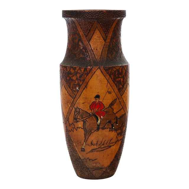 Hand-Carved & Painted Wood Hunting Scene Vase For Sale