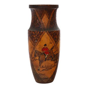 Hand-Carved & Painted Wood Hunting Scene Vase