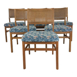 Set of 6 Mid Century Modern Walnut Dining Chairs With Caned Back and Vintage Upholstery